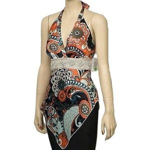 New Nordstrom Silk Charmeuse Troo Print Halter Top